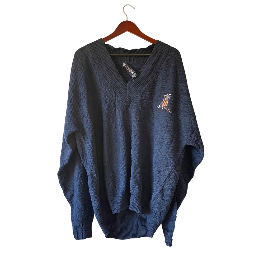 Vintage Mens Navy Blue Textured V Neck Golf Embroidered Sweater XXL‎